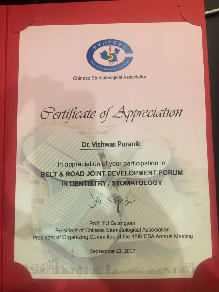 Certificate of appreciation from the Chinese Stomatological Association, Belt and Road dentistry forum, 2017