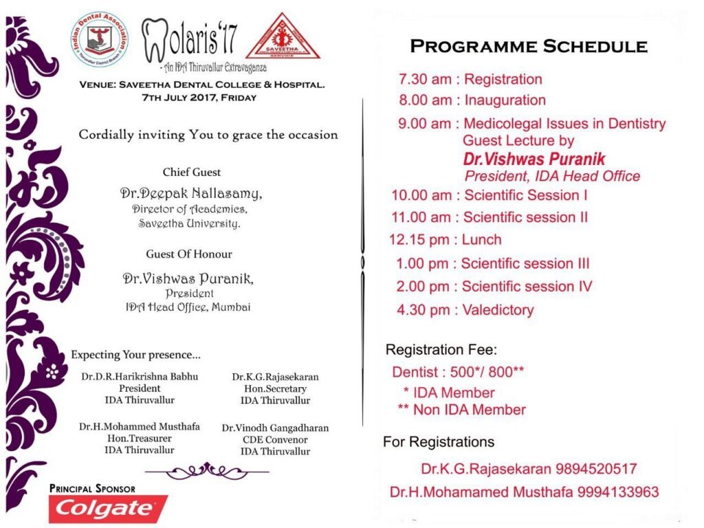 Programme for his guest lecture on medico-legal issues in dentistry as IDA President