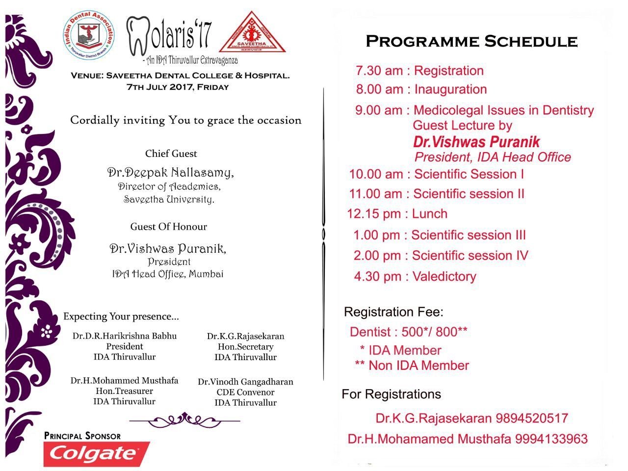 Programme for his guest lecture on medico-legal issues in dentistry as IDA President